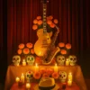 Altar de muertos rockero con calaveras, guitarras eléctricas y velas, inspirado en la tradición mexicana y el estilo rock