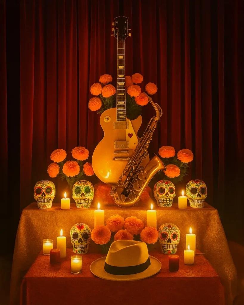 Rock y altares, Altar de muertos rockero con calaveras, guitarras eléctricas y velas, inspirado en la tradición mexicana y el estilo rock
