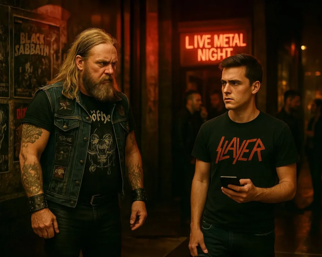 metalero-true-vs-poser-tension-generacional-punk-metal Escena realista de un metalero veterano observando con disgusto a un joven poser con camiseta de banda, representando la tensión generacional en la cultura punk y metal
