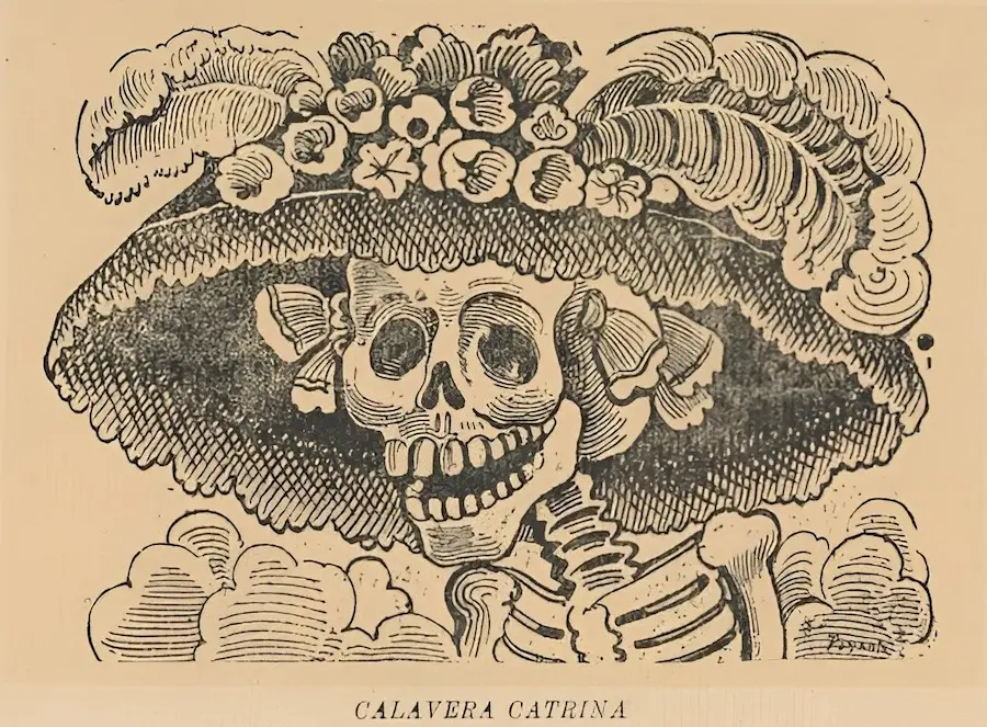 Obra de José Guadalupe Posada con calavera tradicional mexicana, símbolo cultural vinculado al rock y al Día de Muertos