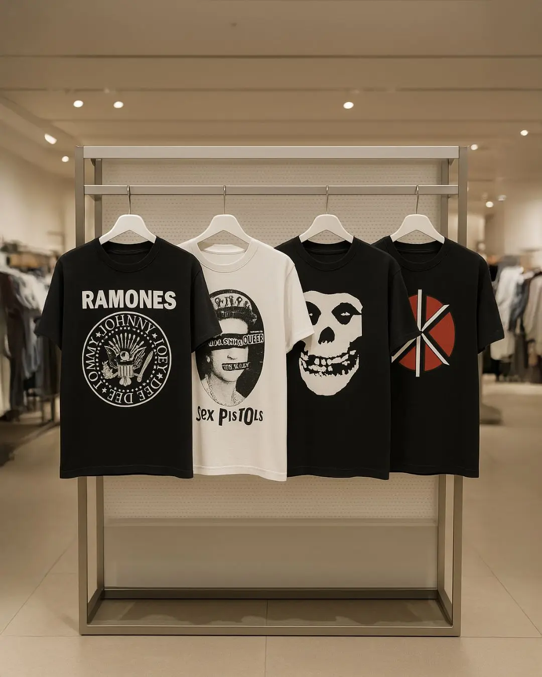 Exhibidor de tienda de moda mostrando playeras mas iconicas del punk rock de bandas punk clásicas como Ramones, Sex Pistols, Misfits y Dead Kennedys, reflejando la fusión entre música y moda