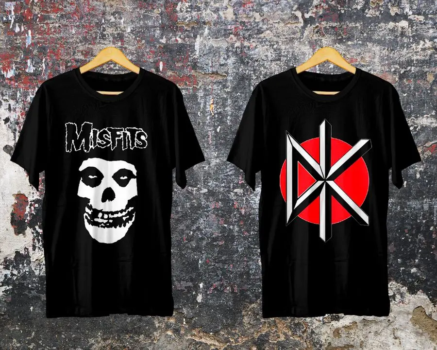 playeras-misfits-dead-kennedys-punk-underground-original-rockers Mockup de playeras mas iconicas del punk rockde Misfits y Dead Kennedys con estilo punk underground, representando la estética oscura y política del género