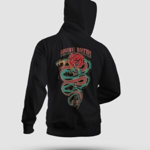 "Rosa Venenosa Hoodie" – Sudadera negra unisex estilo tatuaje tradicional