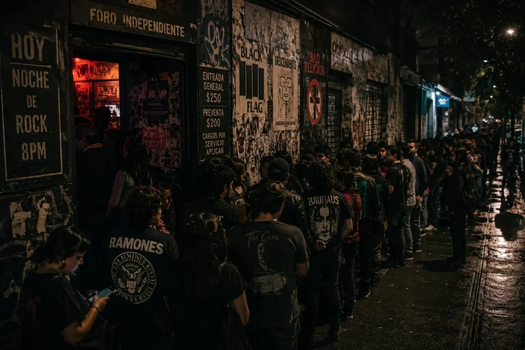 rockers en la entrada de un foro independiente