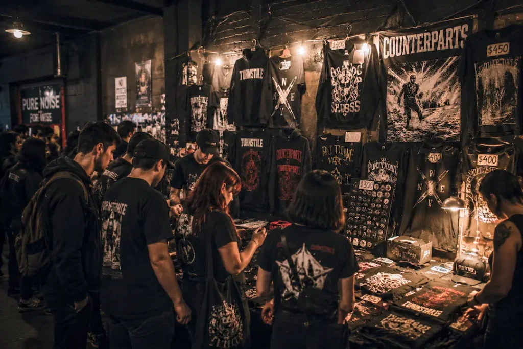 puesto de merch rockera en concierto de rock