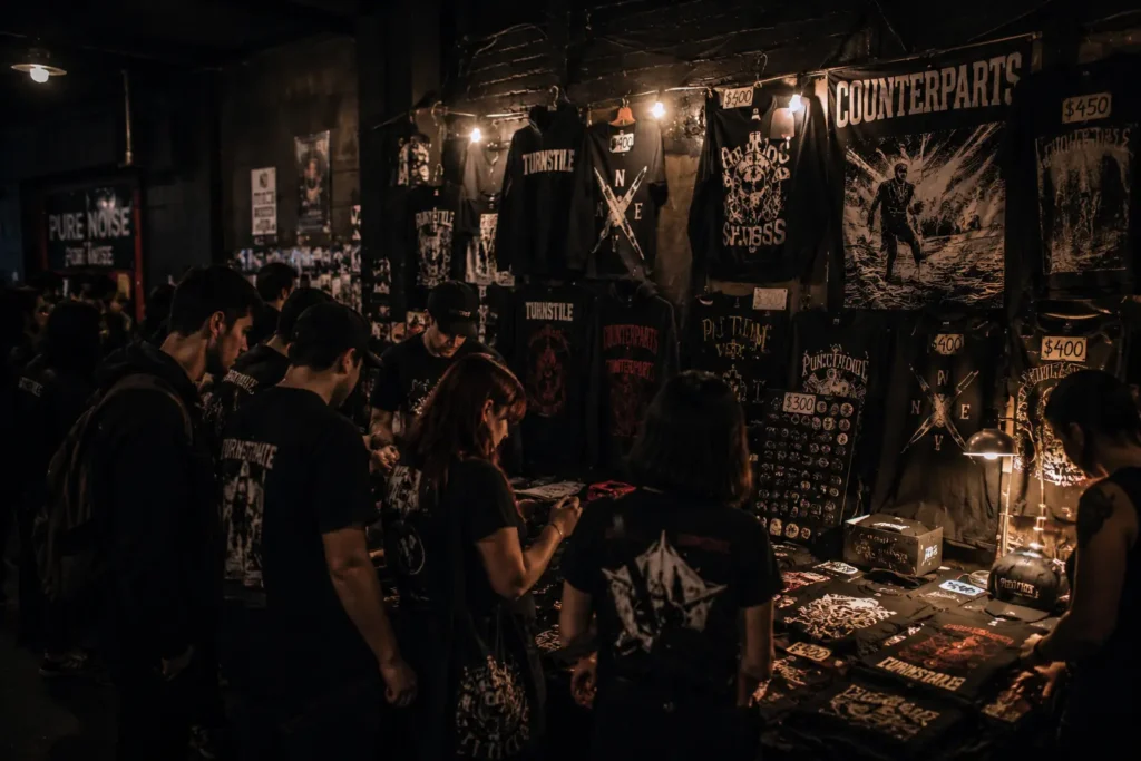 puesto de merch rockera en concierto de rock
